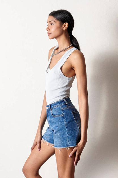 Insane Gene USA - High Rise Trim Midi Stretch Denim Shorts: M