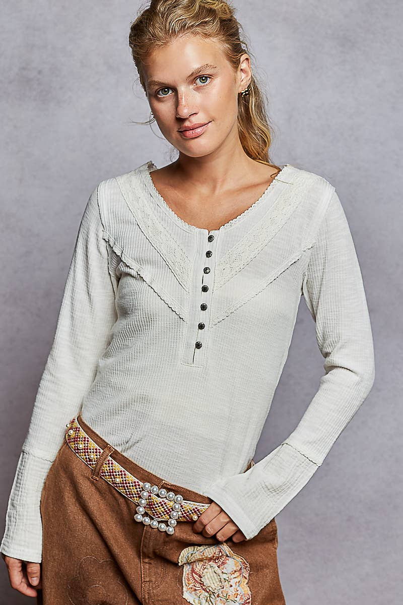 Pol Clothing - Long sleeve double gauze solid knit rib top: Black / L