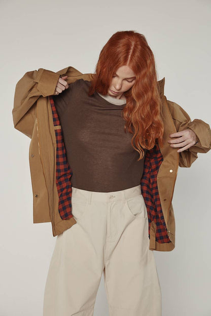 amente - Tie waist utility jacket: Khaki / Solid / XS/S