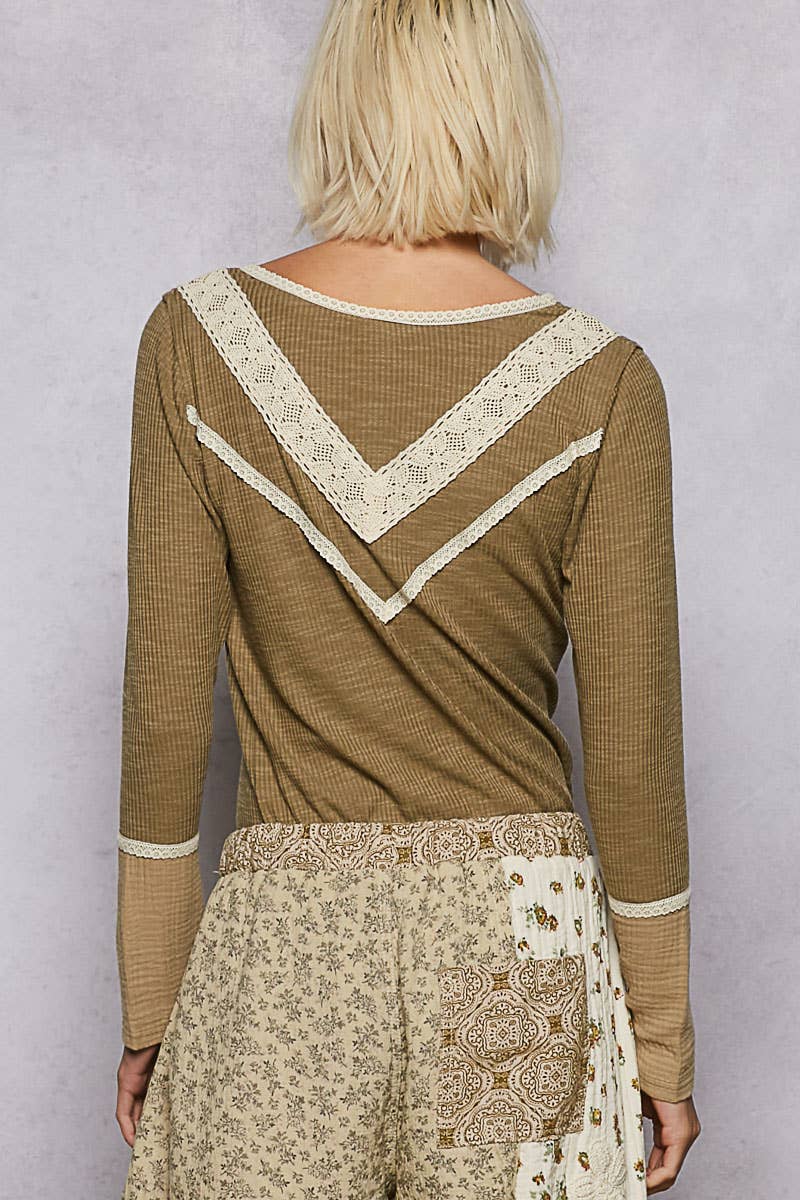 Pol Clothing - Long sleeve double gauze solid knit rib top: Black / L