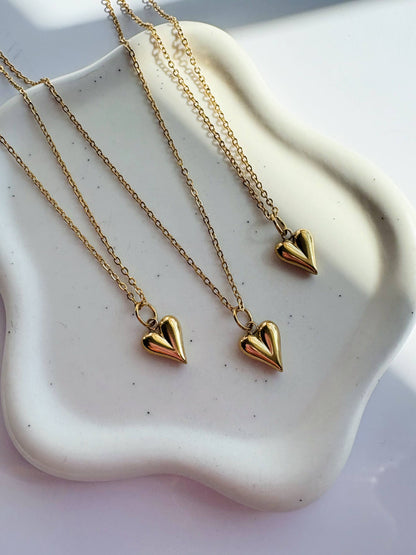 GeoMetricGem - Puffy Heart Necklace ~  Gold Plated Stainless Steel