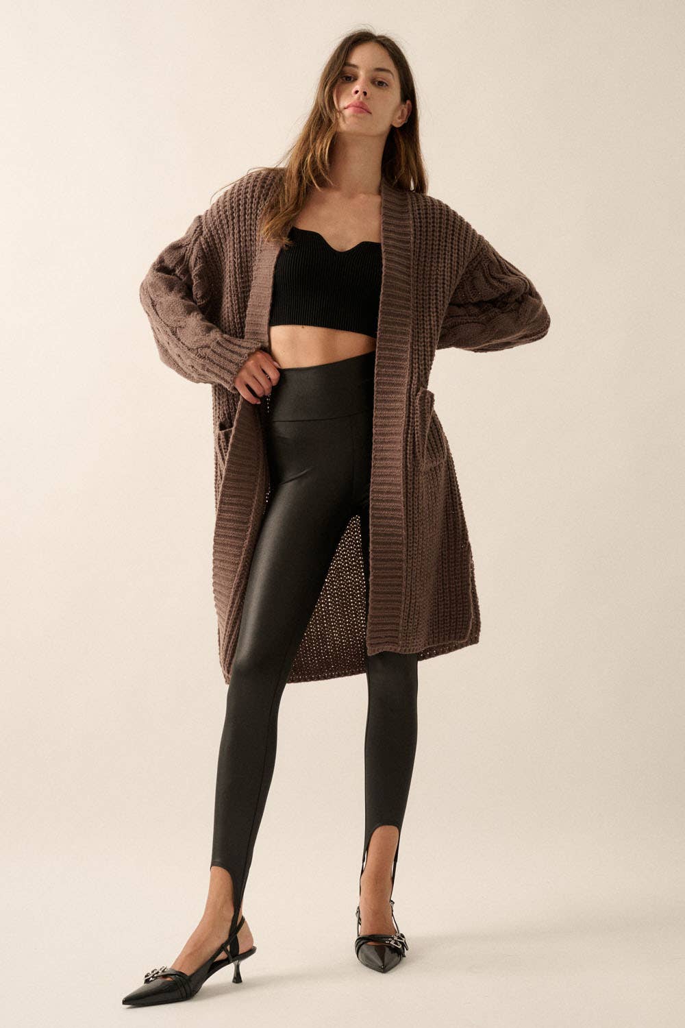 Promesa USA - Solid Rib Knit Open Front Cable Knit Cardigan: Sunburn / S