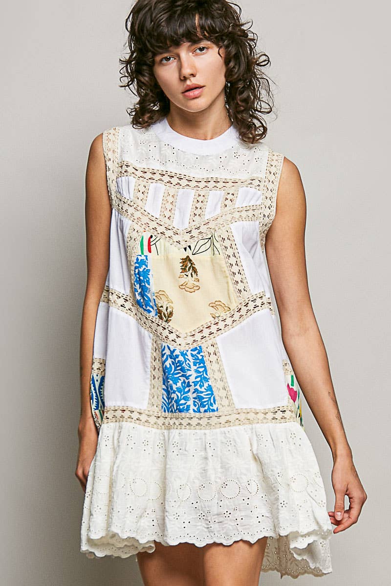 Pol Clothing - Boho Printed Scalloped Edge Eyelet Lace Mini Dress: NATURAL MULTI / M