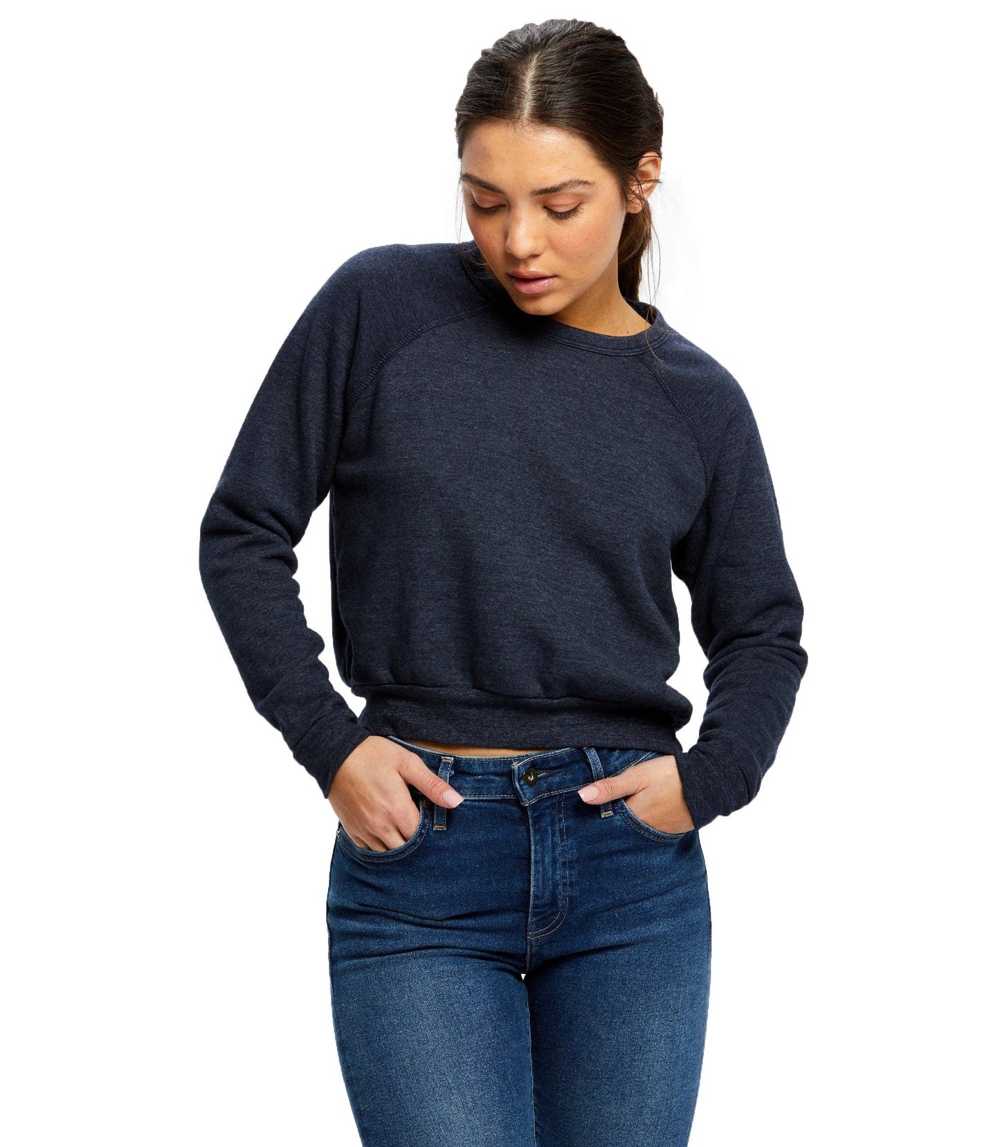 US Blanks - Women's Sponge Fleece Cropped Crew Neck Fleece: Tri-navy / M