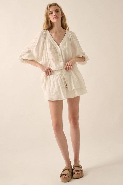 Promesa USA - Textured Button-Front Three Quarter-Sleeve Top: Off White / M