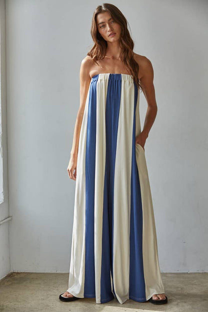By Together - L9308 | Knit Viscose Spandex Striped Tube Wide Leg Jumpsuit: Black Cream / S