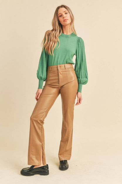 &MERCI - STRIPE TEXTURE PUFF SLEEVE SWEATER MSW9485: ROSEMARY GREEN / L