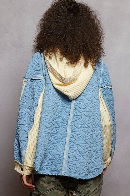 Pol Clothing - Long sleeve solid stitch edge quilted woven hoodie top: CHARCOAL / M