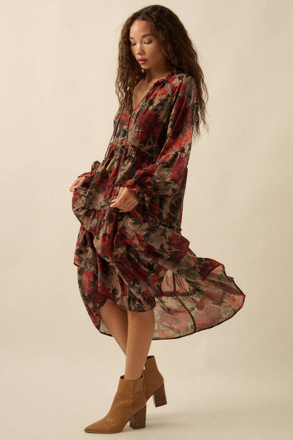 Promesa USA - Floral-Print Tiered Ruffle Long-Sleeve Midi Dress: SAND / L