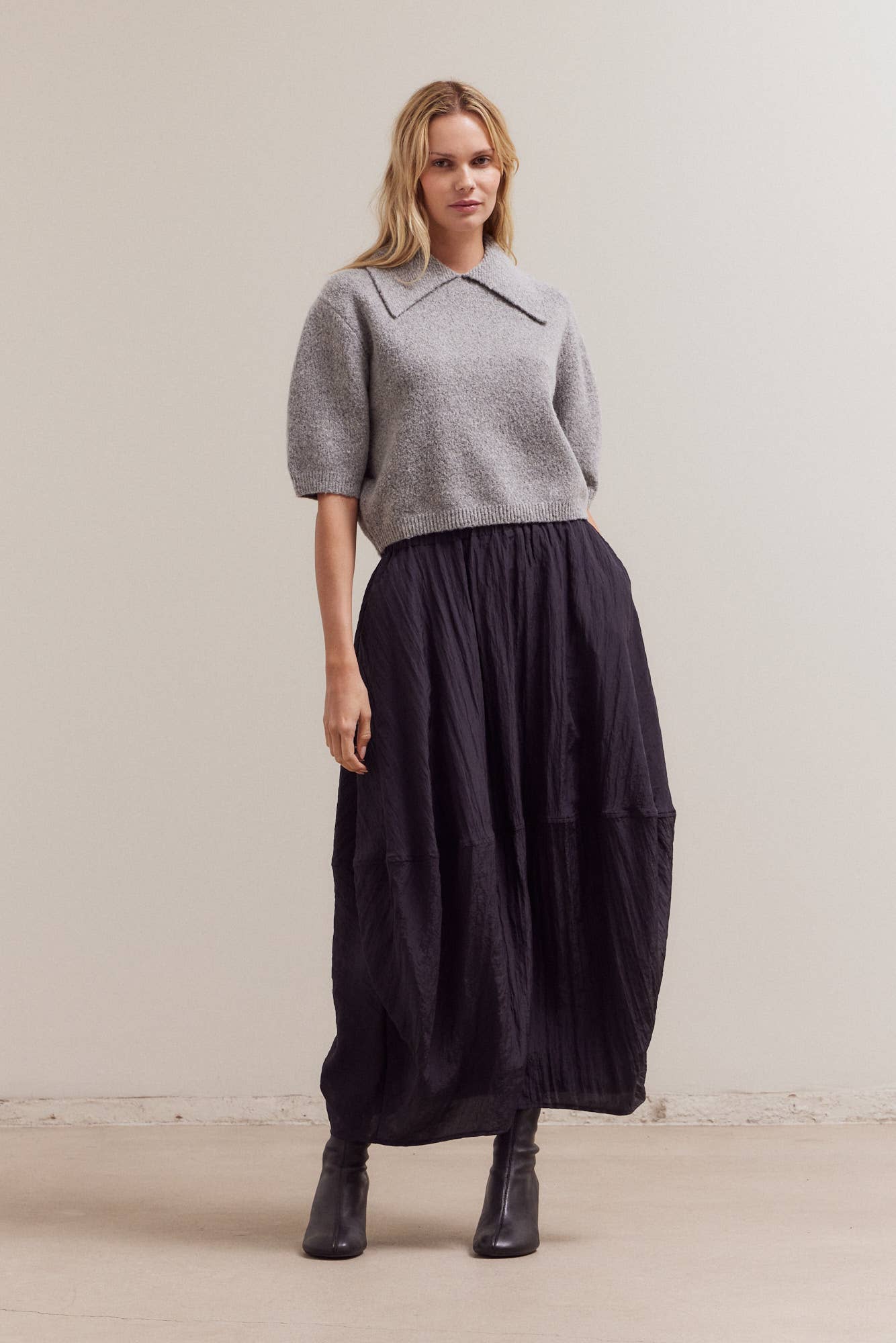 Grade & Gather - 42034 - 3/4 SHORT SLEEVE COLLAR NECK KNIT TOP: IRISH CREAM / Contemporary / MEDIUM