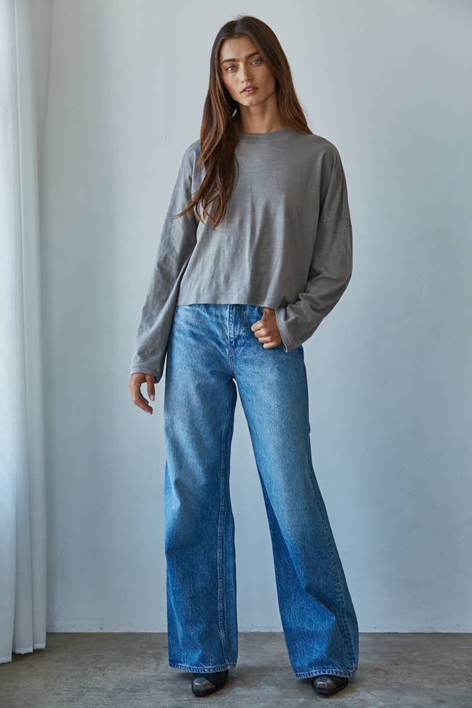 By Together - L8748 | Knit Cotton Mock Neck Long Wide Sleeve Top: Deep Taupe / S