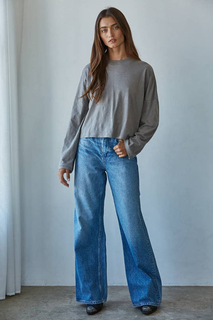 By Together - L8748 | Knit Cotton Mock Neck Long Wide Sleeve Top: Deep Taupe / M