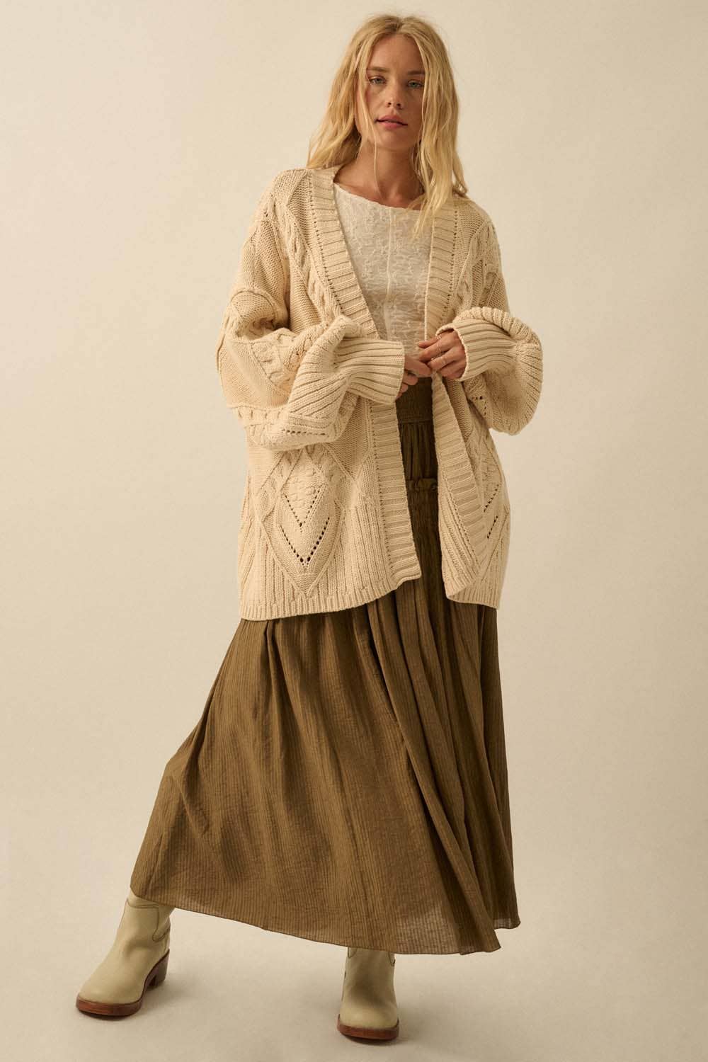 Promesa USA - Cable-Knit Oversize Balloon-Sleeve Cardigan: Cream / L