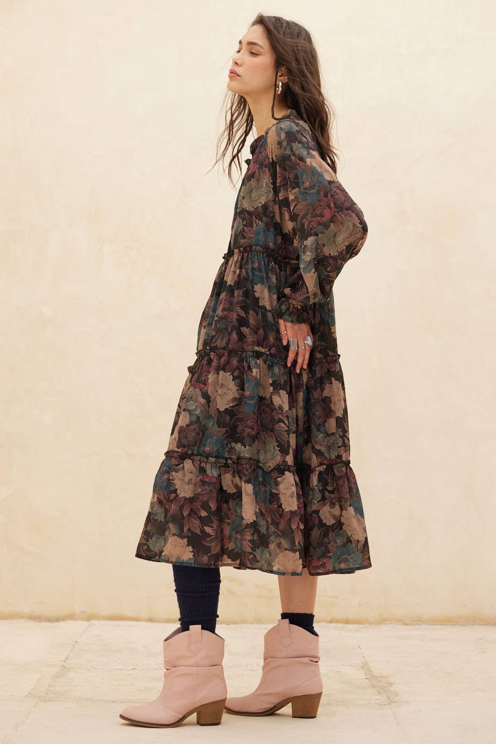 Promesa USA - Floral-Print Tiered Ruffle Long-Sleeve Midi Dress: SAND / S