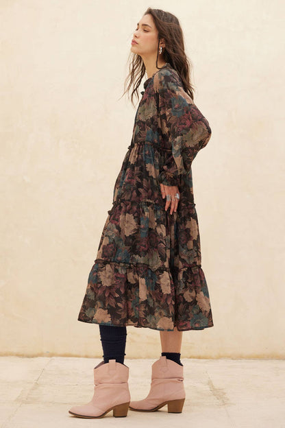 Promesa USA - Floral-Print Tiered Ruffle Long-Sleeve Midi Dress: SAND / M