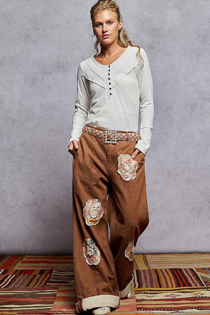 Pol Clothing - Long sleeve double gauze solid knit rib top: Black / M