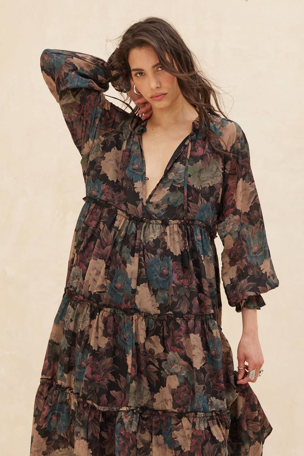 Promesa USA - Floral-Print Tiered Ruffle Long-Sleeve Midi Dress: SAND / M