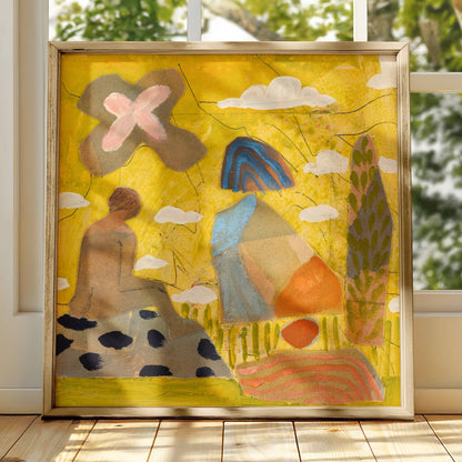 El Baker Art - Vibrant Yellow Abstract Figure Art Print: Unframed, Giclee Paper Print Only / 14×14