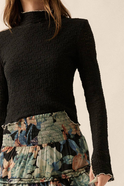 Promesa USA - Textured Floral Lace Cropped Mock Neck Top: Black / S