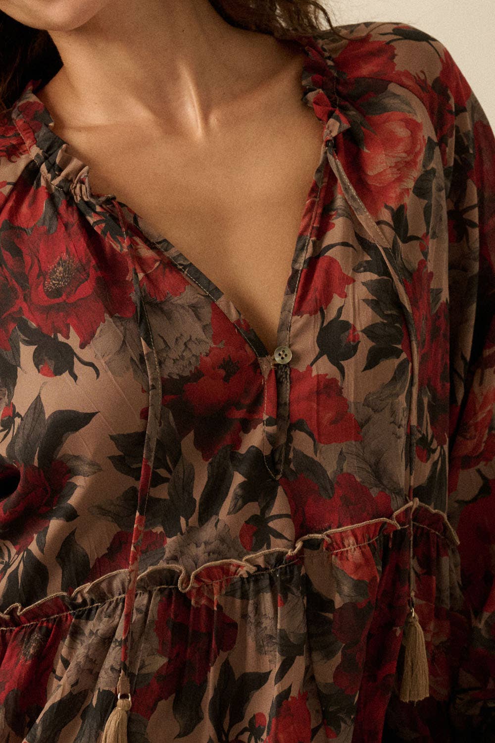 Promesa USA - Floral-Print Tiered Ruffle Long-Sleeve Midi Dress: SAND / L