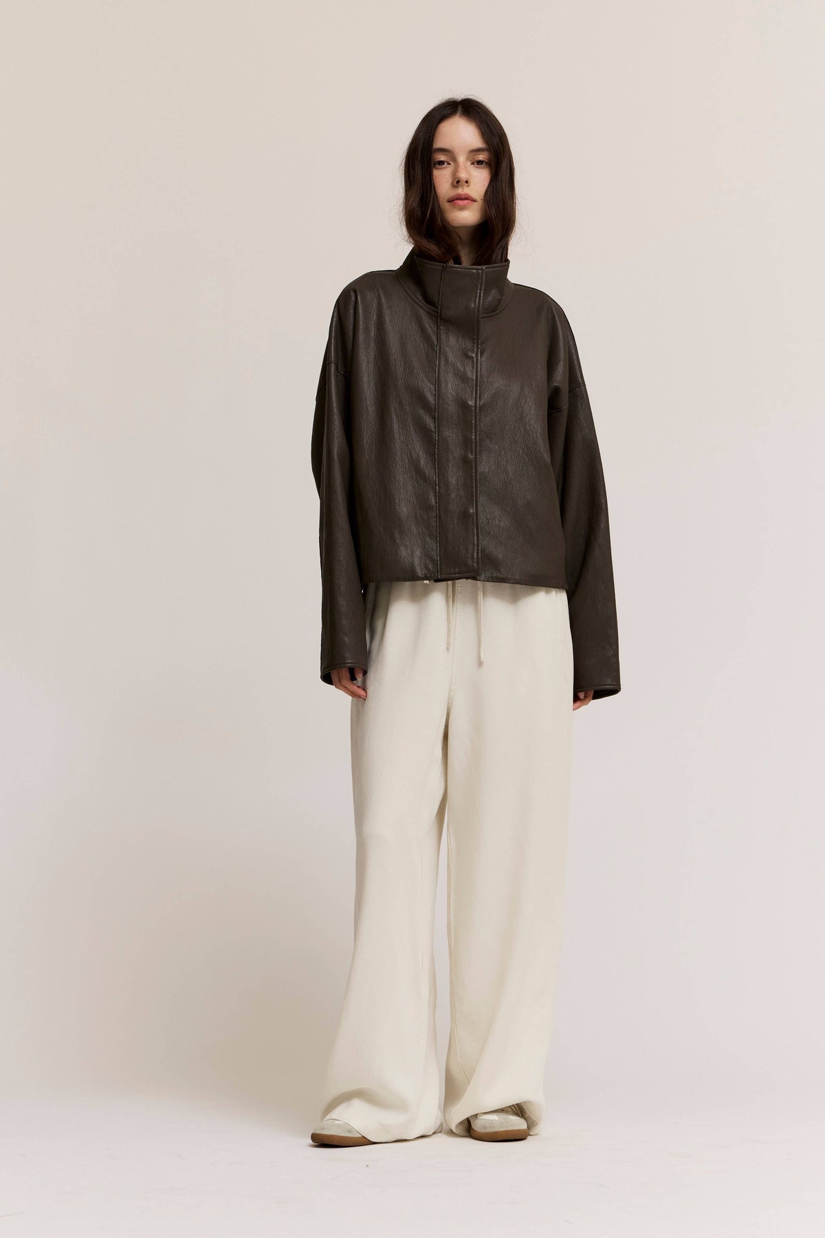 Grade & Gather - 80504LE - HIGH COLLAR SNAP BUTTONS UP VEGAN LEATHER JACKET: ASH OLIVE / Contemporary / M