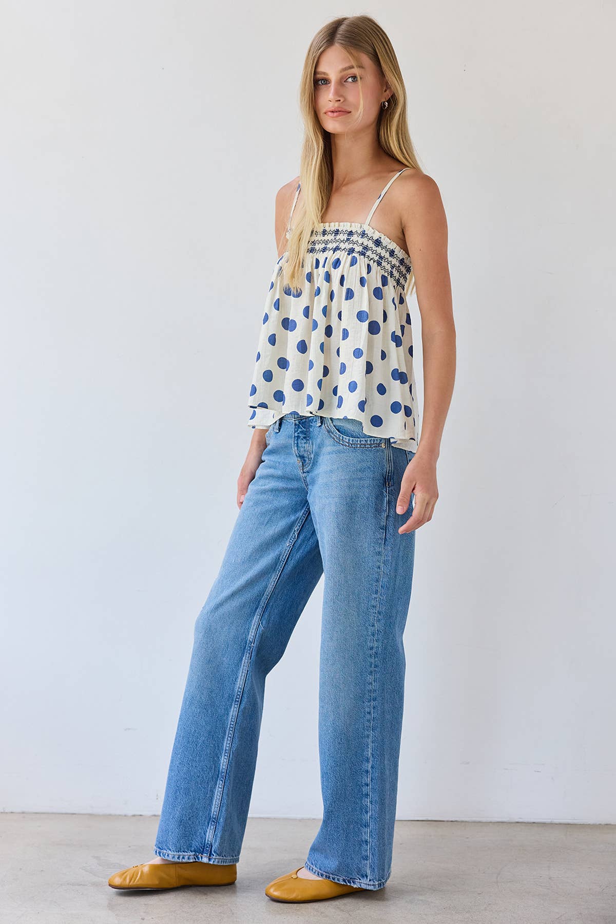 RAISONNEL - Polka Dot Smocked Cami Top - RT1308: POLKA DOT / S-M-L (3-2-1)