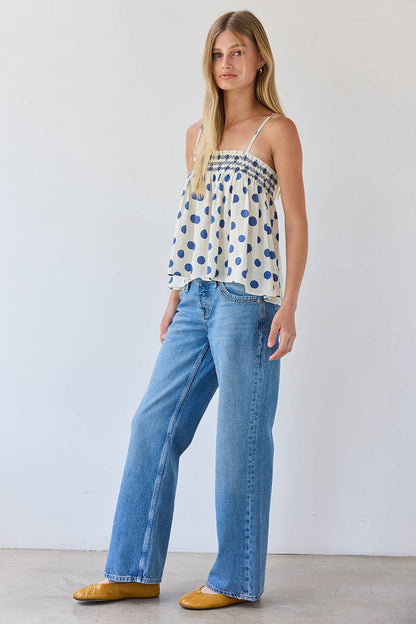 RAISONNEL - Polka Dot Smocked Cami Top - RT1308: POLKA DOT / S-M-L (3-2-1)