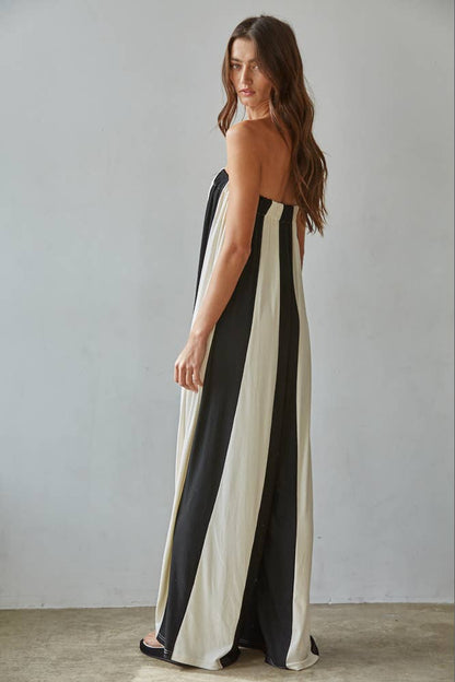 By Together - L9308 | Knit Viscose Spandex Striped Tube Wide Leg Jumpsuit: Black Cream / M