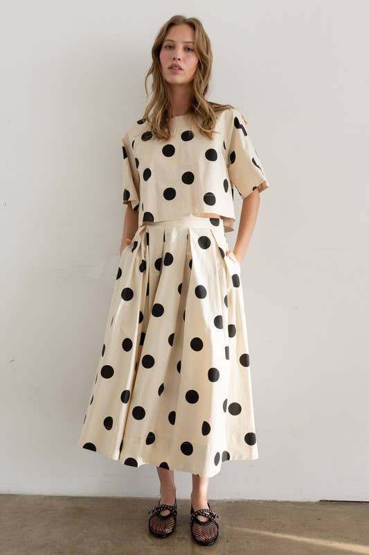 Heyson - JOS1021 Polka Dot Pleated Midi Skirt: CREAM / M
