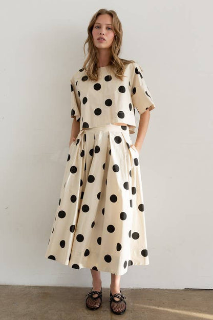 Heyson - JOS1021 Polka Dot Pleated Midi Skirt: CREAM / M