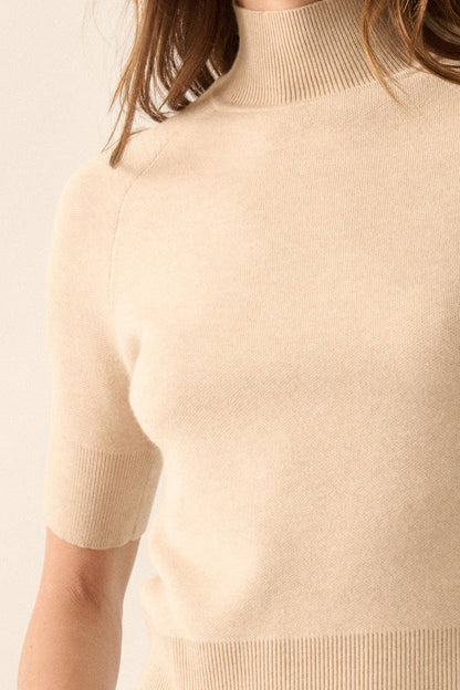 Promesa USA - Solid Knit Cropped Mock-Neck Short-Sleeve Sweater: Oatmeal / M