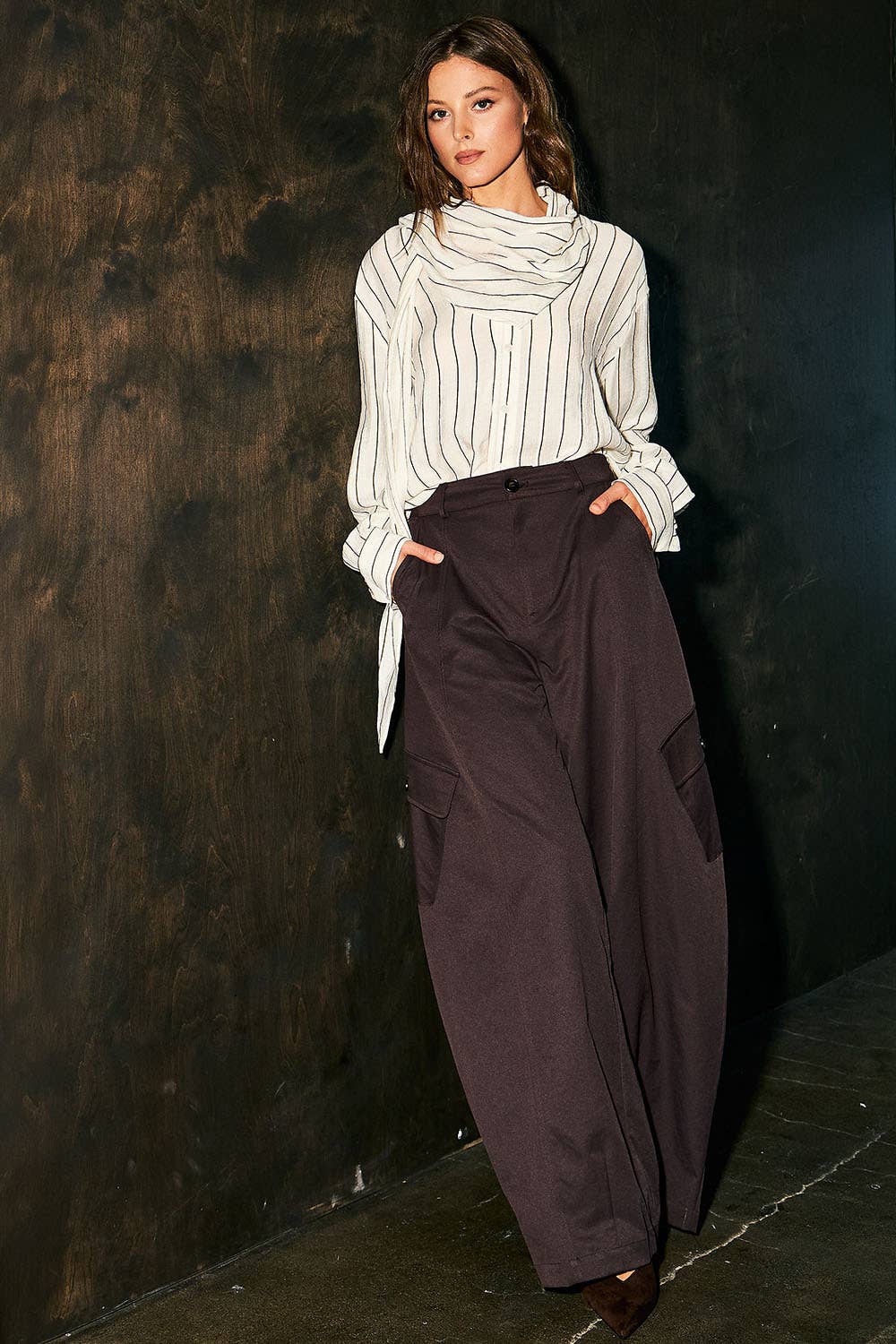 DRIPSEN - RT10064_Striped Shawl Detail Shirt: WHITE/BROWN / S