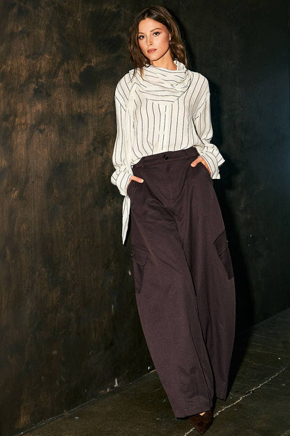 DRIPSEN - RT10064_Striped Shawl Detail Shirt: WHITE/BROWN / S