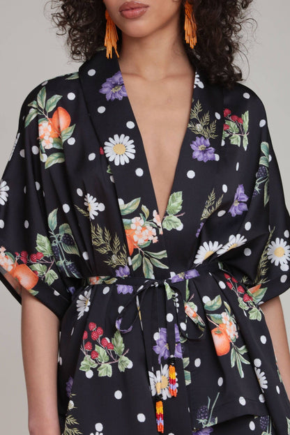 Avec Les Filles - Floral Polka Dot Satin Kimono Top: Black Scattered Botanical / L