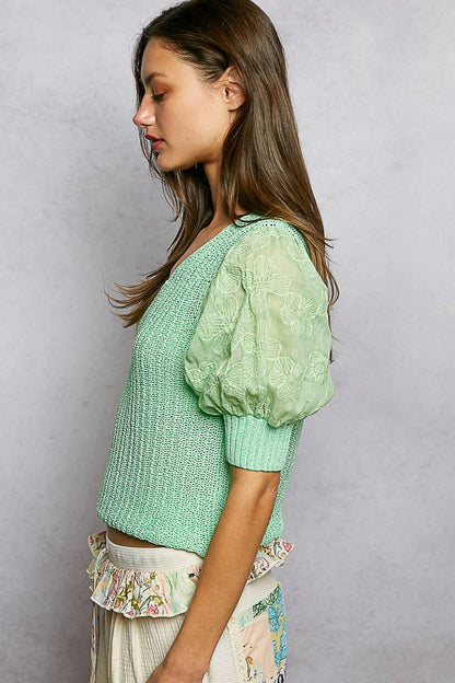 Pol Clothing - Balloon Sleeve bead Trim Point Acrylic Sweater Top : Black / S