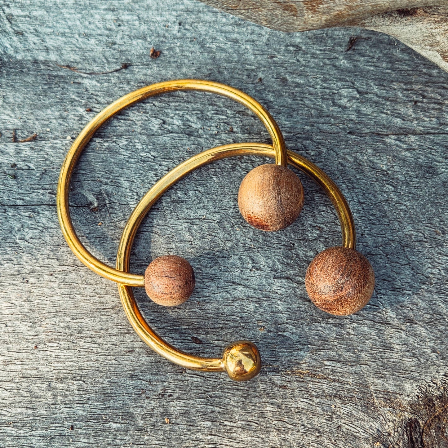 Bisjoux - Wood brass bangle cuff bracelet modern runway designer: 2 wood sphere