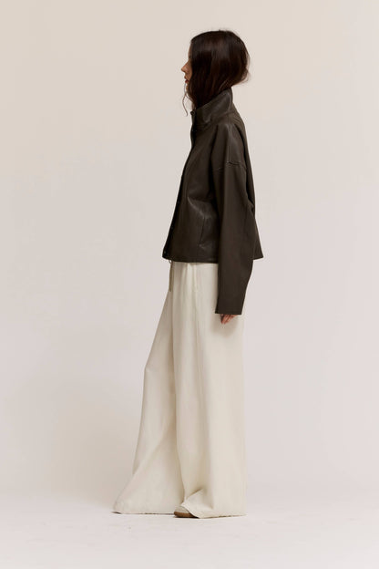 Grade & Gather - 80504LE - HIGH COLLAR SNAP BUTTONS UP VEGAN LEATHER JACKET: ASH OLIVE / Contemporary / L
