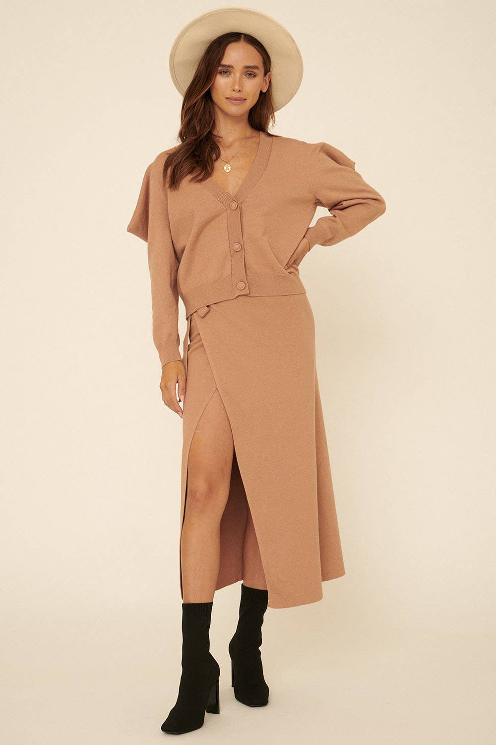 Promesa USA - Solid Knit V Neck Button Front Cardigan: Black / S