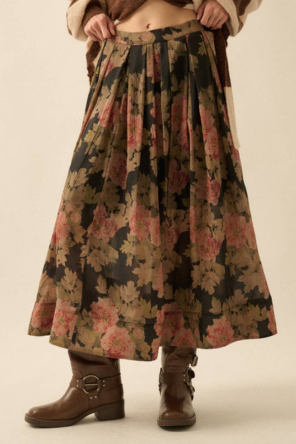 Promesa USA - Floral-Print Pleated Midi Circle Skirt: CHOCOLATE / M