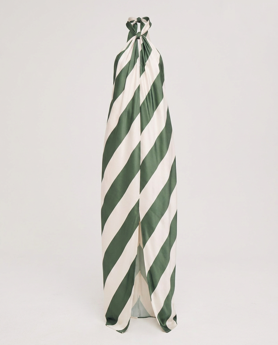 Boho Brown - Liberated Striped Halter Maxi Dress: Green / XS