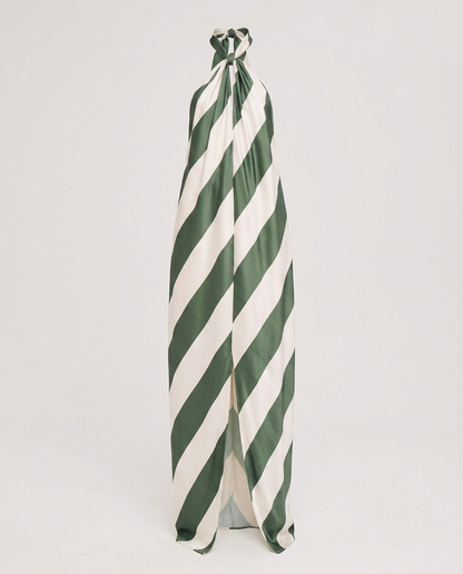 Boho Brown - Liberated Striped Halter Maxi Dress: Green / XS