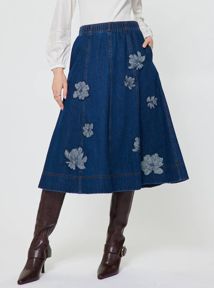 Current Air - Floral Embroidery Patch Denim Midi Skirt: Denim / S