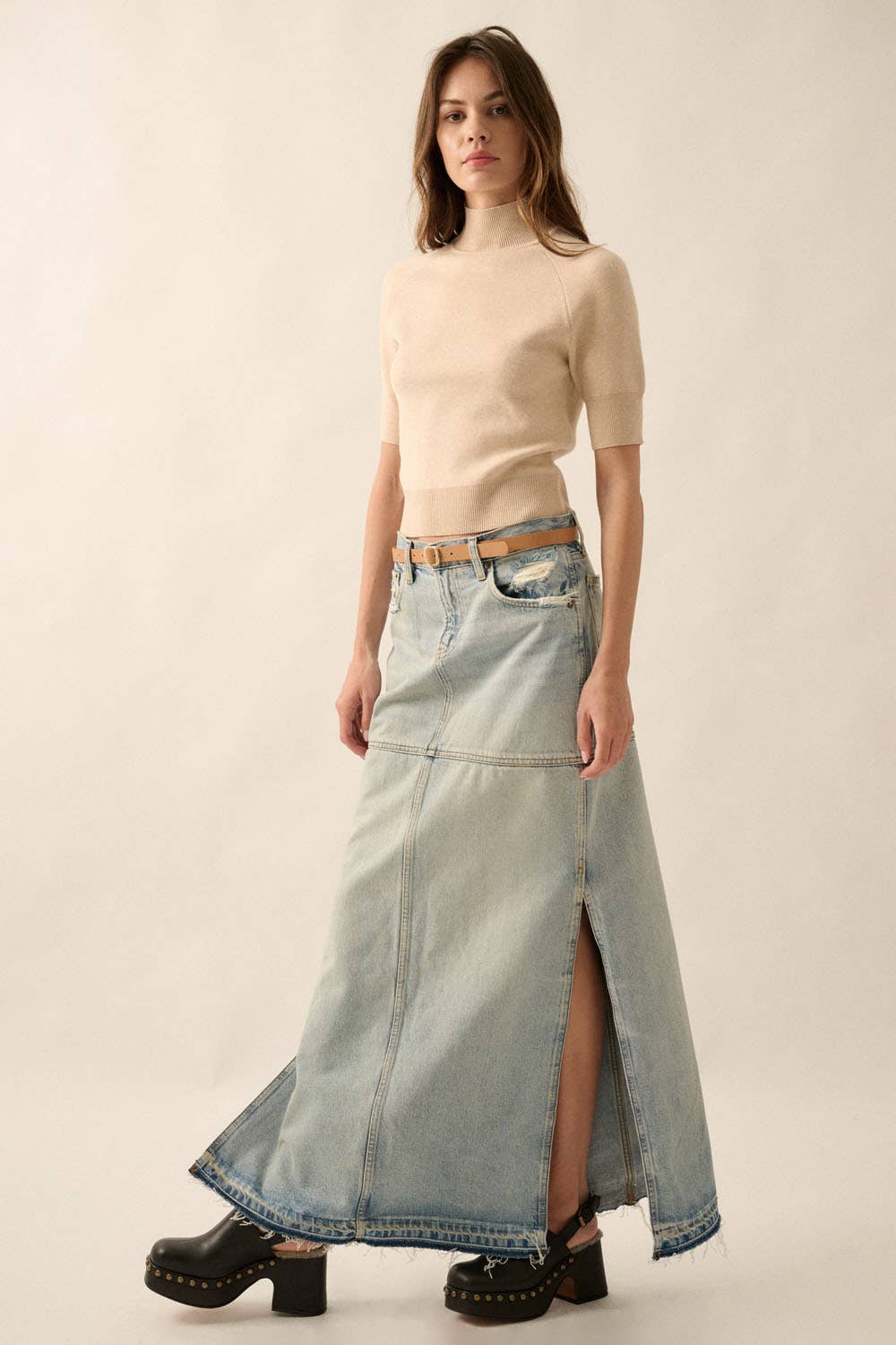 Promesa USA - Solid Knit Cropped Mock-Neck Short-Sleeve Sweater: Oatmeal / L