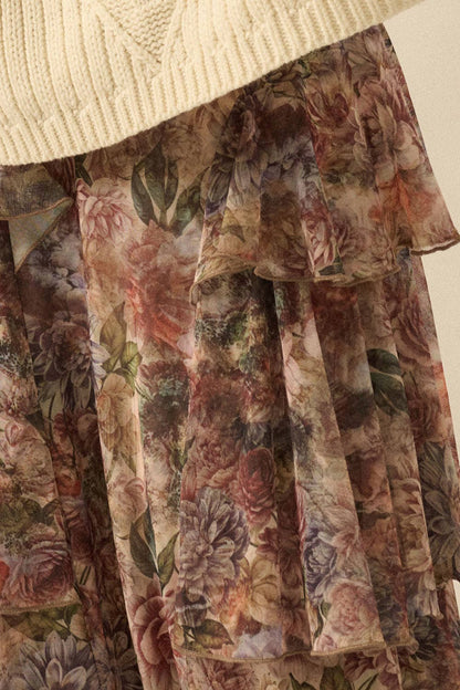 Promesa USA - Floral-Print Mesh Tiered Side-Ruffle Maxi Skirt: SAND / M
