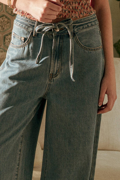 MIOU MUSE - P6402   WIDE LEG DENIM PANTS WITH SELF BELT: DENIM / L
