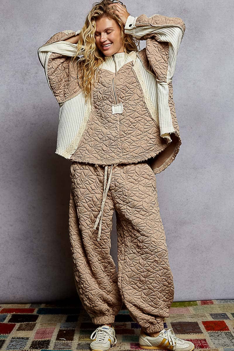 Pol Clothing - Long sleeve solid stitch edge quilted woven hoodie top: CHARCOAL / M