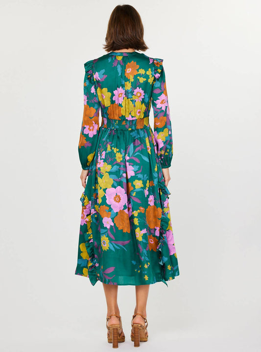 Current Air - Floral Printed Ruffled Midi Dress: Green Floral / L