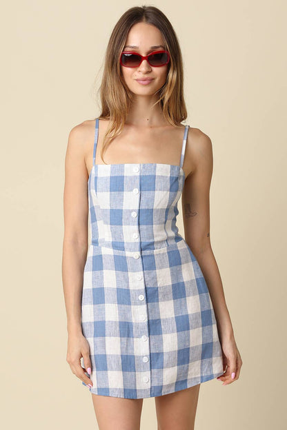 Olivaceous - Lisa Gingham Button Front Mini Linen Dress: Blue / Contemporary / M