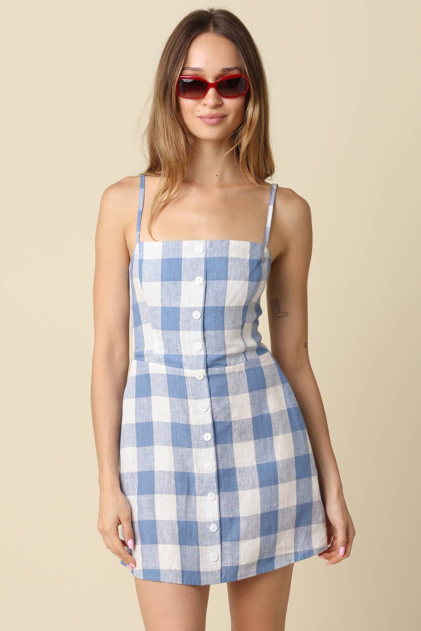 Olivaceous - Lisa Gingham Button Front Mini Linen Dress: Blue / Contemporary / S