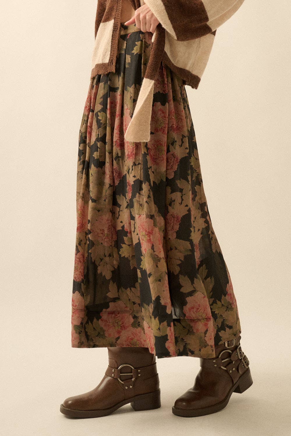 Promesa USA - Floral-Print Pleated Midi Circle Skirt: CHOCOLATE / L